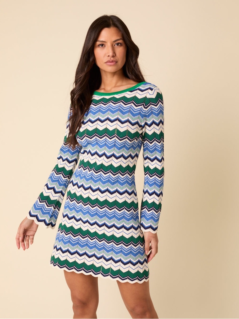 Nobody’s Child Chevron Knit Long-Sleeve Mini Dress in Blue & Green size small